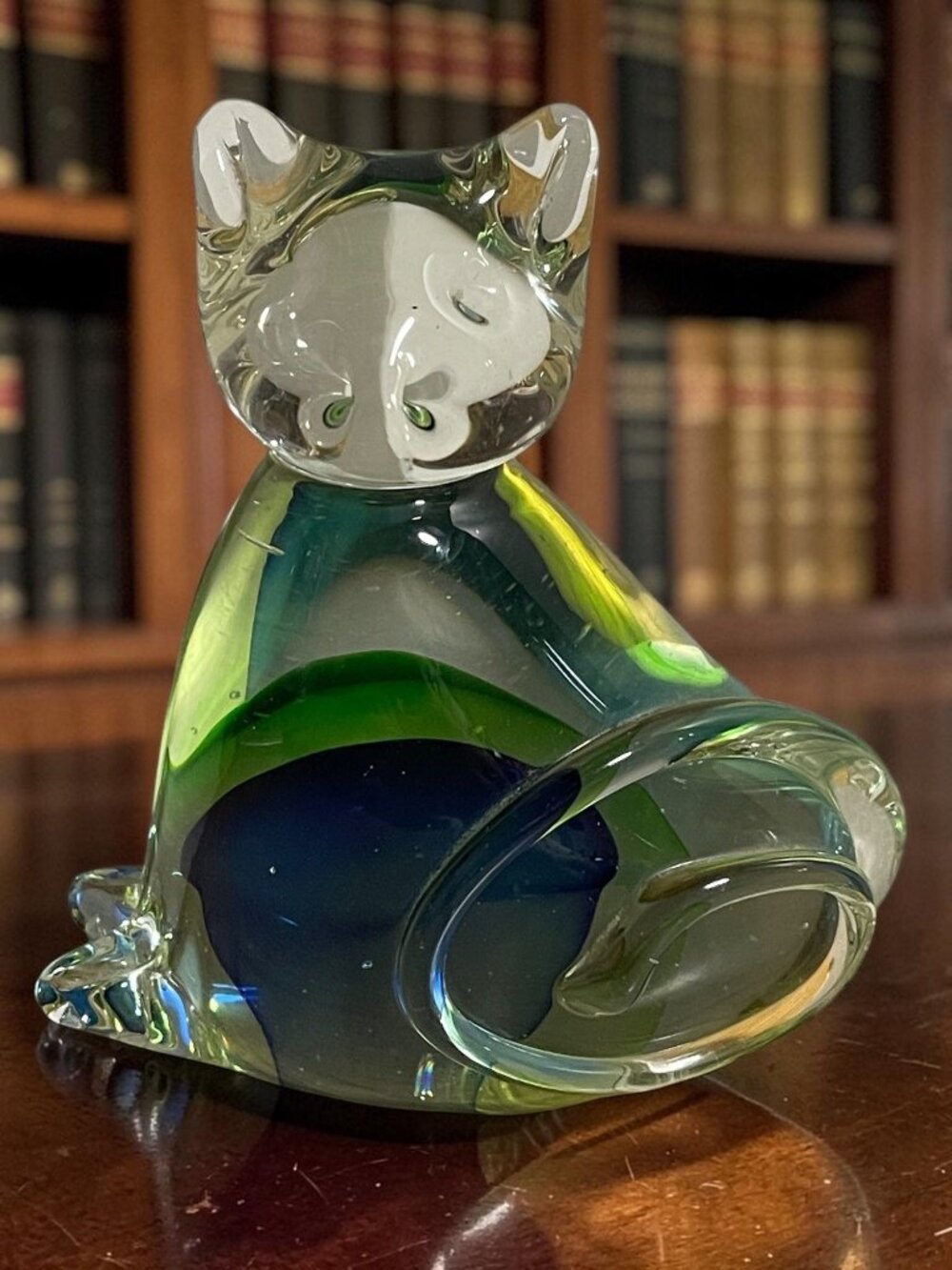 Hand-Blown Glass Cat Figurine With Green & Blue Swirl Design Pier 1 Imports VTG